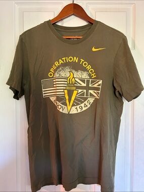 Nike Olive Green Short Sleeve Graphic Tee with Yellow Print
